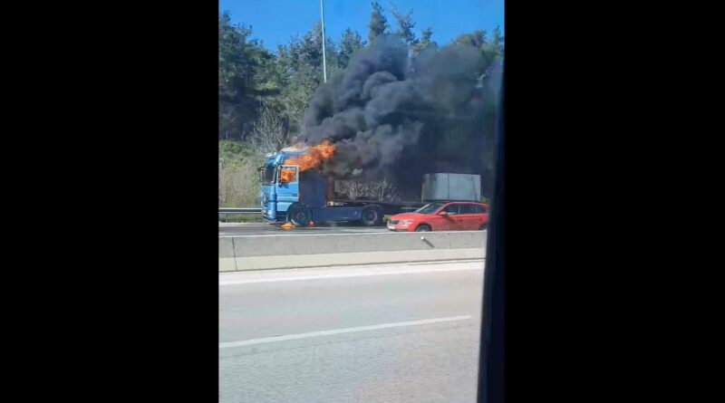 Στις φλόγες τυλίχθηκε φορτηγό στο Δερβένι (vid)