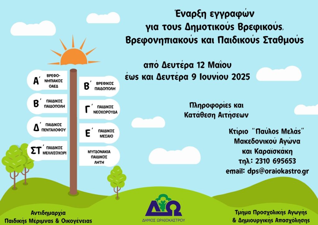 Δ. Ωραιοκάστρου: Έναρξη αιτήσεων εγγραφής στους Βρεφικούς, Βρεφονηπιακούς και Παιδικούς σταθμούς
