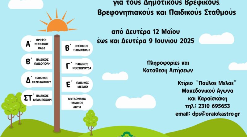 Δ. Ωραιοκάστρου: Έναρξη αιτήσεων εγγραφής στους Βρεφικούς, Βρεφονηπιακούς και Παιδικούς σταθμούς