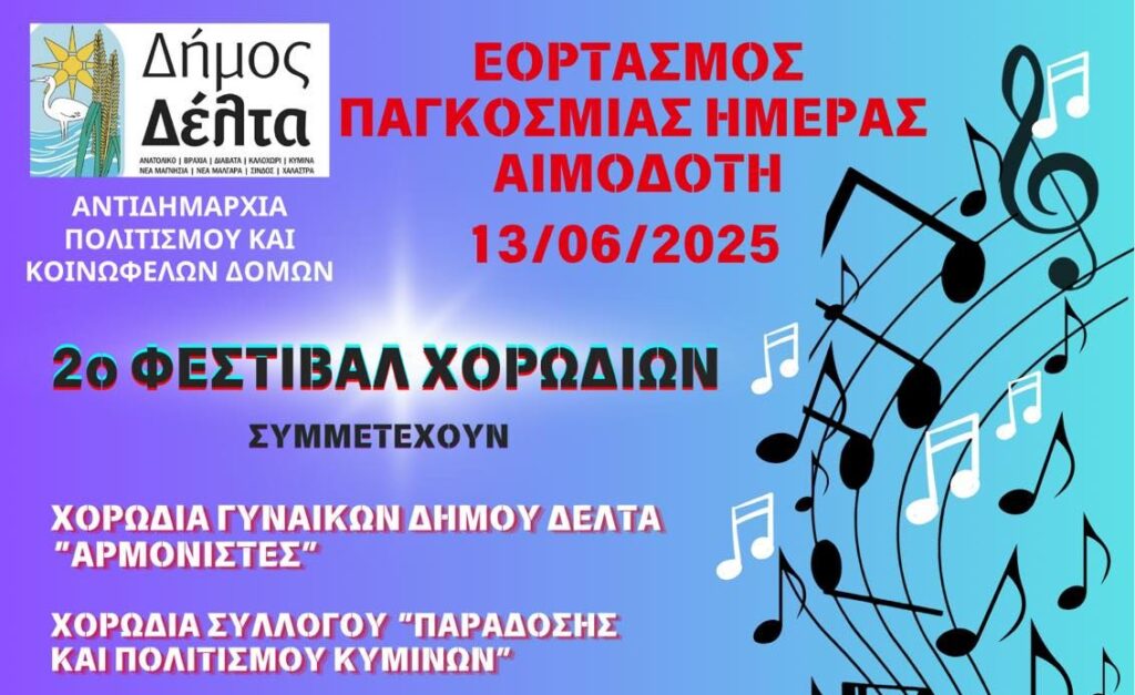 Ο Δήμος Δέλτα τιμά με Φεστιβάλ Χορωδιών την Παγκόσμια Ημέρα Εθελοντή Αιμοδότη