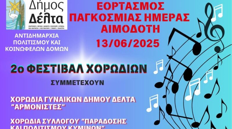 Ο Δήμος Δέλτα τιμά με Φεστιβάλ Χορωδιών την Παγκόσμια Ημέρα Εθελοντή Αιμοδότη