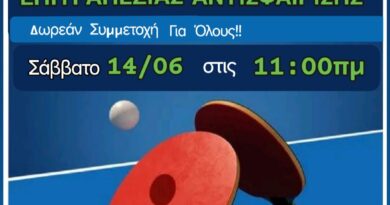 Τουρνουά Πινγκ Πονγκ στο Καλοχώρι το Σάββατο 14/6 – Δωρεάν συμμετοχή για όλους