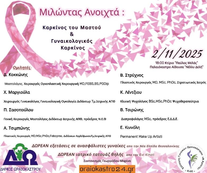 Δ. Ωραιοκάστρου: Εκδήλωση για τον καρκίνο του μαστού και τον γυναικολογικό καρκίνο