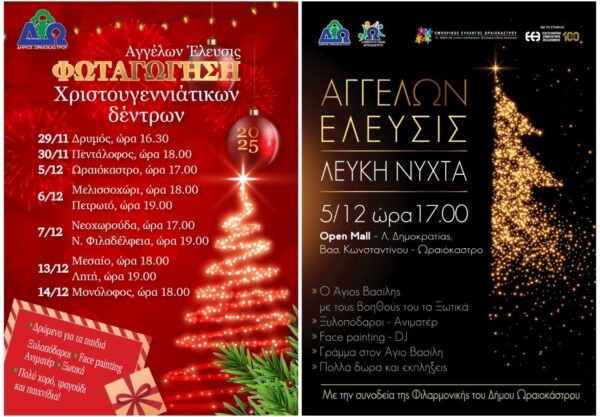 «Αγγέλων Έλευσις 2025» Δ. Ωραιοκάστρου: Το πρόγραμμα φωταγώγησης των χριστουγεννιάτικων δέντρων